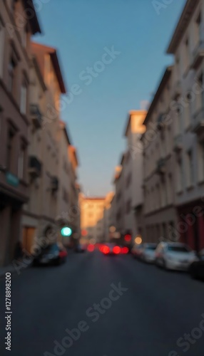Generative AI captures a blurry scene of a European city street at dusk, featuring soft light and vintage architecture