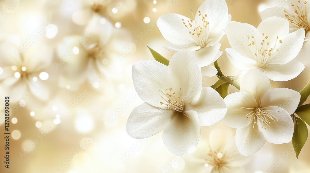Delicate white flowers bloom vividly against a shimmering gold background, creating an elegant and striking visual contrast. Delicate white flowers bloom vividly against a shimmering gold background, creating an elegant and striking visual contrast.