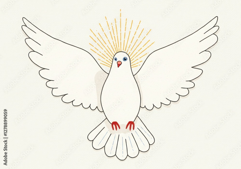 Obraz premium White dove, wings spread, minimalist design, stylized illustration, peace symbol, off-white background, simple line art, red feet, blue eye, gentle curves, soft colors