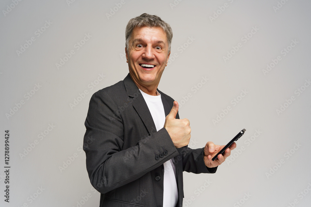 Smiling man wearing a jacket shows thumbs up while looking at his smartphone in a neutral background