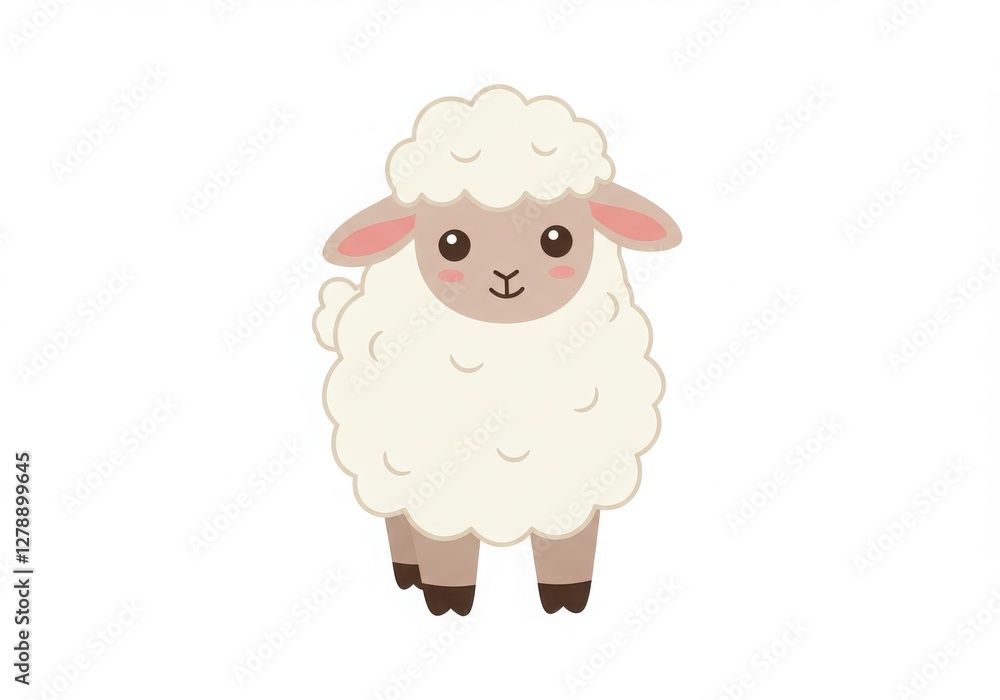 Cute cartoon lamb, fluffy white wool, pink ears, simple smiling face, big round eyes, brown hooves, minimalist design, pastel colors, kawaii style, children's book Cute cartoon lamb, fluffy white wool, pink ears, simple smiling face, big round eyes, brown hooves, minimalist design, pastel colors, kawaii style, children's book