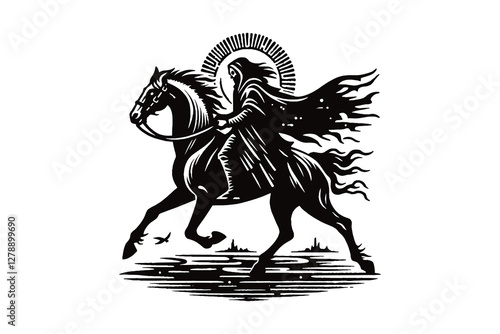 Apocalypse rider on a horse, skull-faced, vintage engraving