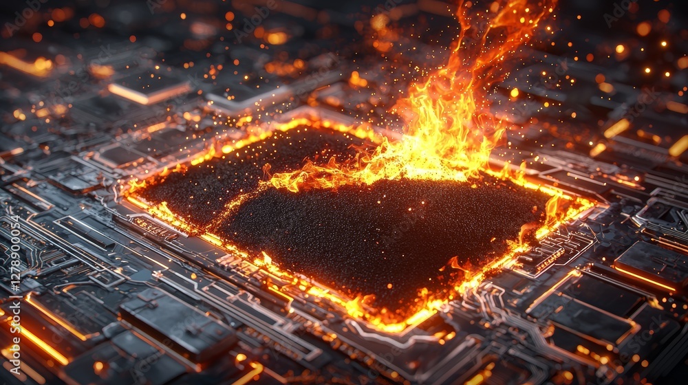 Fiery Eruption from a Circuit Board Digital Realm Abstract Art Fiery Environment Close-Up View Technology Concept Fiery Eruption from a Circuit Board Digital Realm Abstract Art Fiery Environment Close-Up View Technology Concept