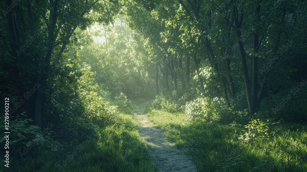 Fototapeta premium A path through a forest with sunlight shining through the trees