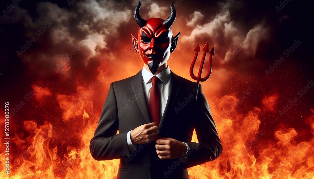 Confident businessman in devil mask with horns standing against fiery background Confident businessman in devil mask with horns standing against fiery background