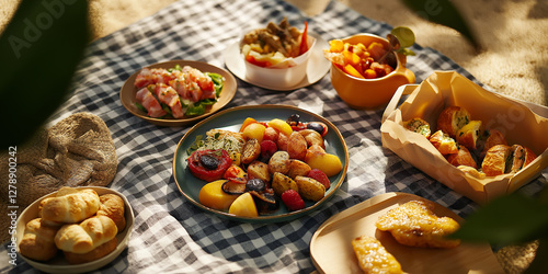 Delicious food prepared for picnic on checkered tablecloth in nature