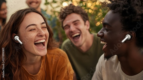 A diverse group of friends sharing earbuds, laughing together while listening to a funny podcast. 