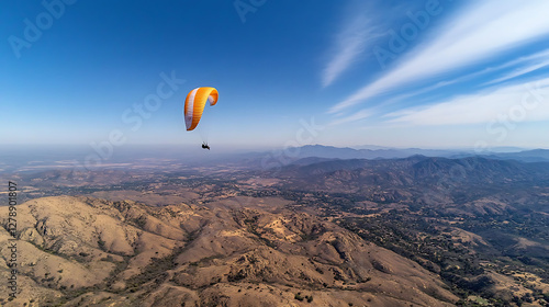 Paraglider soaring over a mountain range, panoramic view. 