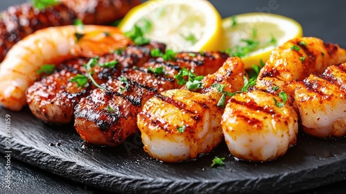 Grilled seafood platter with lemon slices, close-up photo