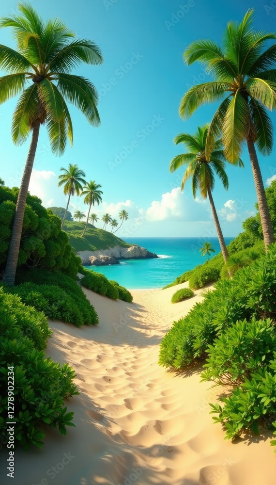 Fototapeta premium Sandy dunes surrounding a lush oasis with palm trees, dune, green