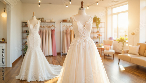 Elegant wedding dresses displayed in boutique with warm sunlight, bridal beauty