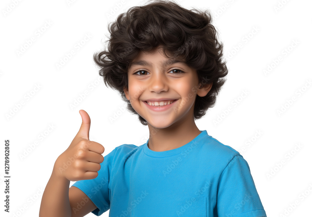 A young boy wearing a blue t-shirt, smiling and showing a thumbs-up gesture, isolated on a transparent PNG background A young boy wearing a blue t-shirt, smiling and showing a thumbs-up gesture, isolated on a transparent PNG background