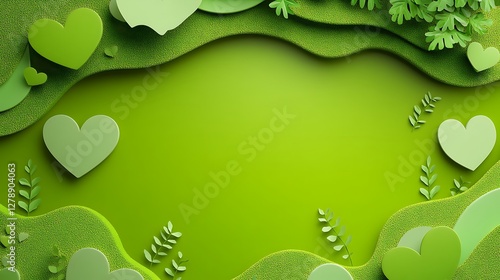 Green background illustration featuring multiple hearts and plant life