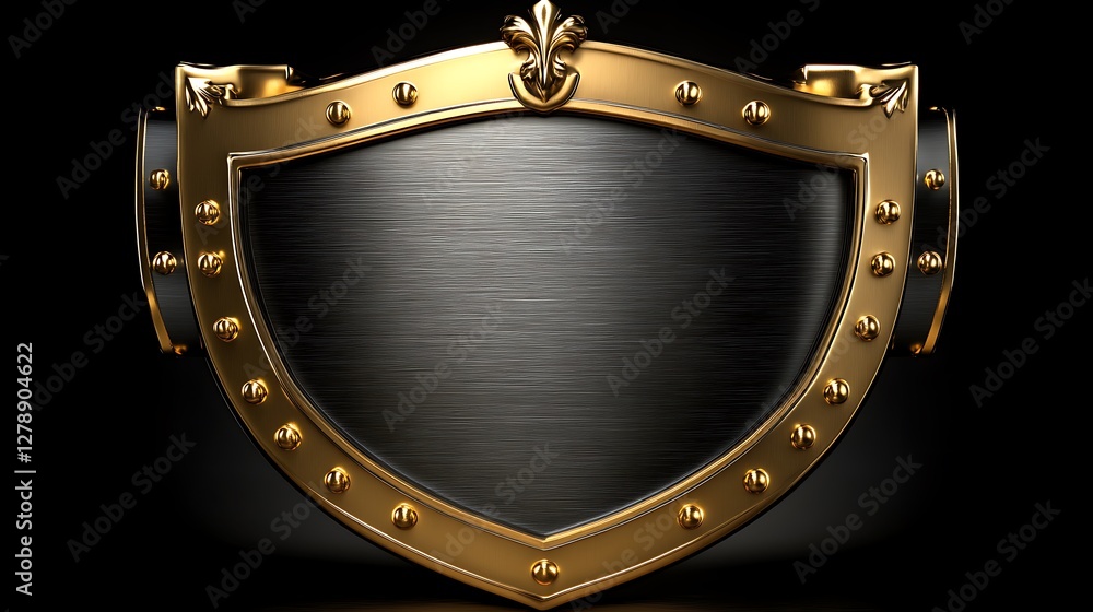 Naklejka premium Metallic Shield with Gold Accents and Black Center on a Dark Background