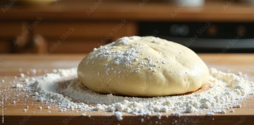 Freshly prepared dough sits atop a wooden surface, surrounded by flour. Freshly prepared dough sits atop a wooden surface, surrounded by flour.