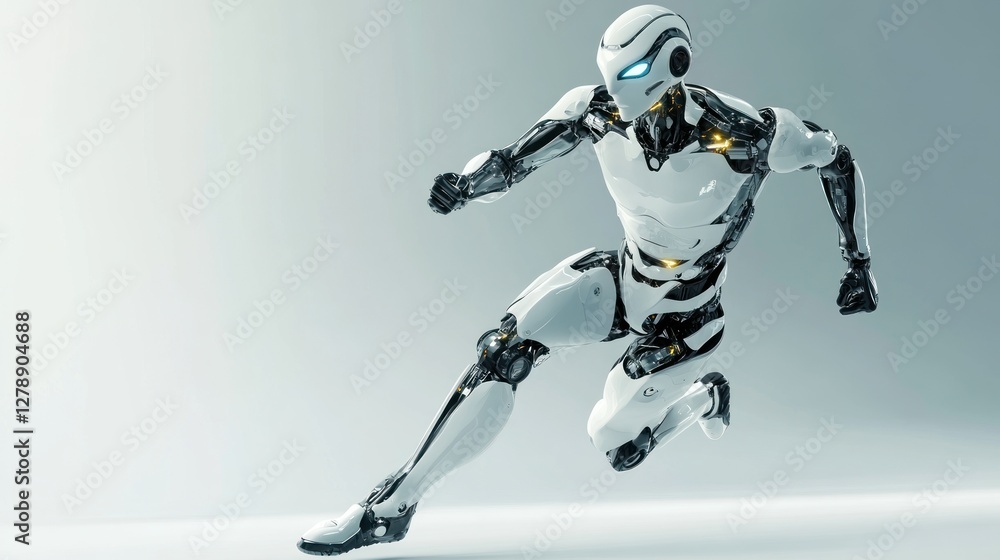 Futuristic robot running, dynamic pose, white and black metallic body, advanced technology. Futuristic robot running, dynamic pose, white and black metallic body, advanced technology.