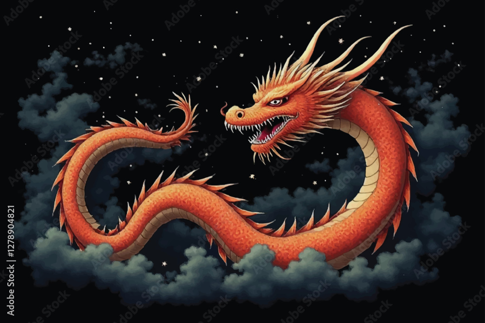 Fototapeta premium Powerful angry Japanese dragon colorful kid art for printing and decoration and other crate. objects, icon, concept, concept strong, long, tail, long tail, novel, snake, black, black background.