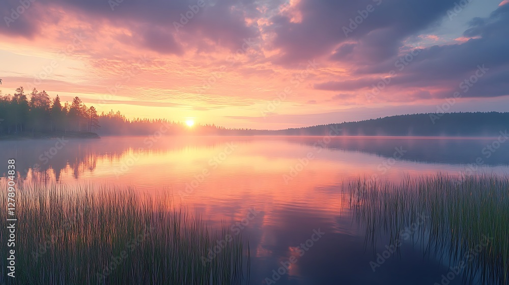 Serene Sunrise Over Misty Lake Serene Sunrise Over Misty Lake