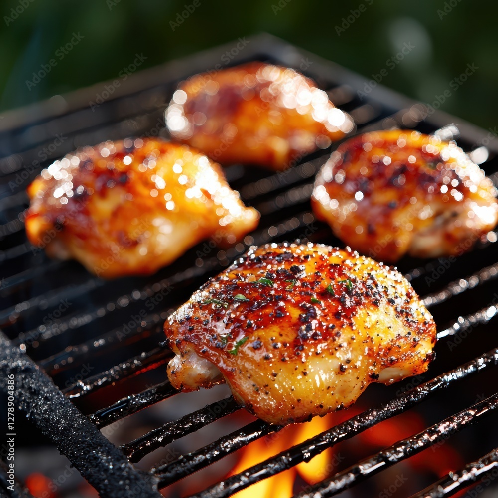 Grilling easy smoked chicken thighs at sunset close-up photography outdoor cooking barbecue atmosphere crispy skin highlighted Grilling easy smoked chicken thighs at sunset close-up photography outdoor cooking barbecue atmosphere crispy skin highlighted