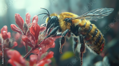 A bee is flying over a red flower
