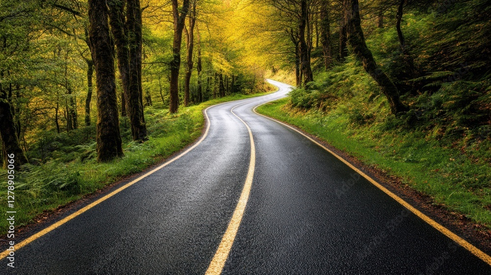 Obraz premium A winding road meanders through a dense, serene forest, surrounded by lush greenery and tall trees, inviting exploration and adventure.