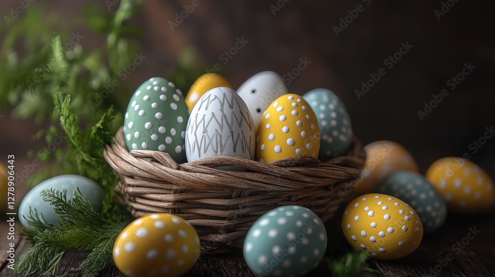 Artistic Still Life of Easter Basket Filled with Colorful Eggs Artistic Still Life of Easter Basket Filled with Colorful Eggs