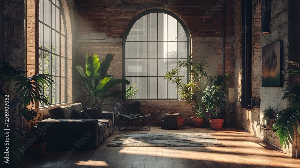 Cozy indoor living space with large windows and lush greenery Cozy indoor living space with large windows and lush greenery