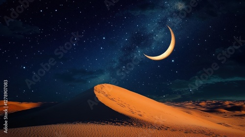 Wallpaper Mural Crescent moon and stars over glowing sand dune in desert at night. Torontodigital.ca