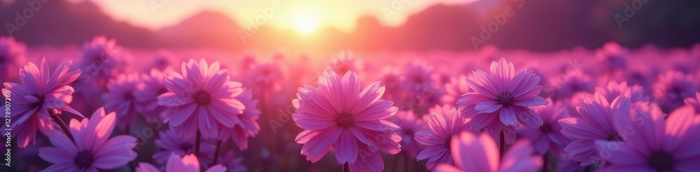 Fototapeta premium Soft pink hues illuminate a sea of purple flowers, nature, sunrise, blooming