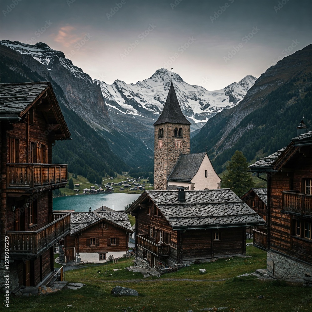 Fototapeta premium A Hidden Gem in the Swiss Alps: Wooden Chalets, Alpine Views, and a Striking Church Tower.