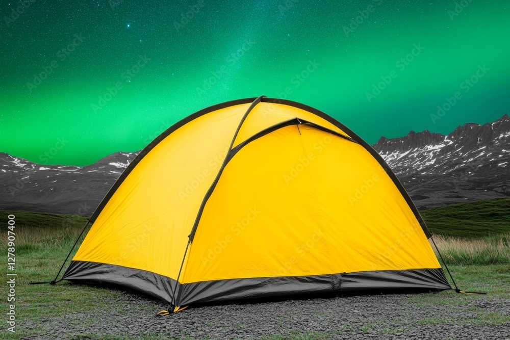A glowing yellow camping tent under a beautiful green northern lights aurora Travel adventure landscape background Photo composite A glowing yellow camping tent under a beautiful green northern lights aurora Travel adventure landscape background Photo composite