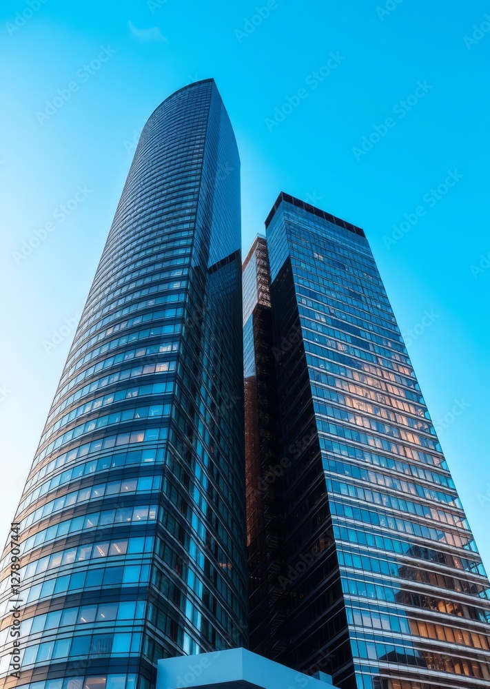 Low angle view of modern glass skyscrapers against a blue sky skyscraper city building skyscraper downtown business architecture cityscape Low angle view of modern glass skyscrapers against a blue sky skyscraper city building skyscraper downtown business architecture cityscape