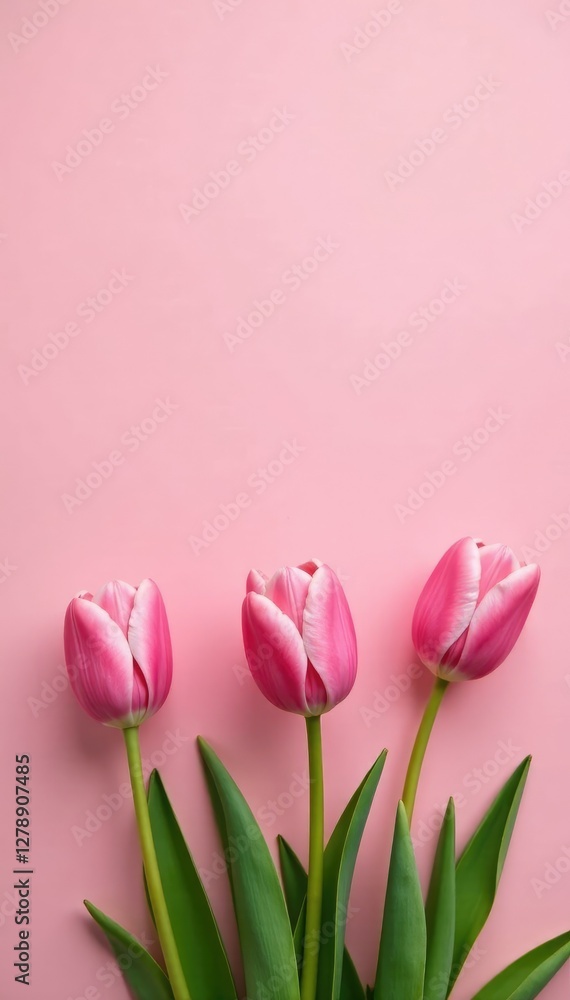 Soft pink tulips bloom in a serene field on a pale pink background, garden, floral Soft pink tulips bloom in a serene field on a pale pink background, garden, floral