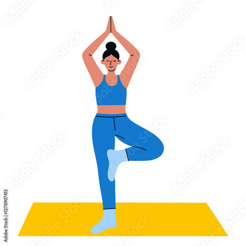Girl doing Tree Pose. Flat-style illustration of a woman practicing Vrksasana (Tree Pose) on a yoga mat. Great for wellness blogs, meditation apps, yoga studios, fitness content, mindfulness guides.