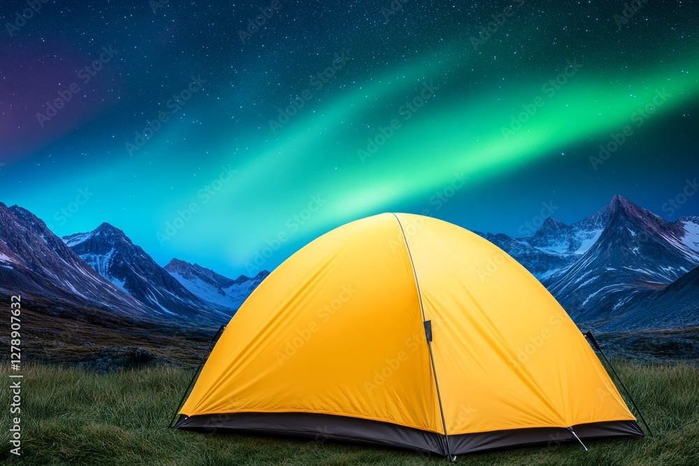A glowing yellow camping tent under a beautiful green northern lights aurora Travel adventure landscape background Photo composite A glowing yellow camping tent under a beautiful green northern lights aurora Travel adventure landscape background Photo composite