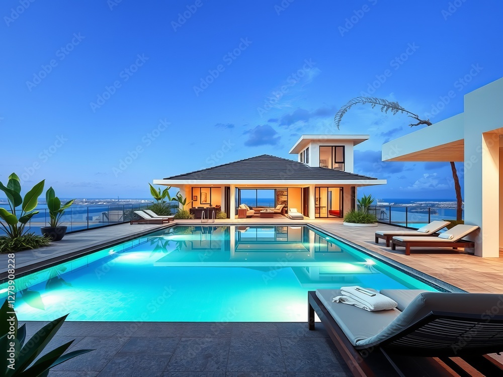 Tranquil Poolside Oasis with Lounge Chair and Table Surrounded by Lush Greenery and Blue Sky Tranquil Poolside Oasis with Lounge Chair and Table Surrounded by Lush Greenery and Blue Sky