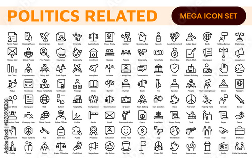 Politics Icon Set: A comprehensive collection of icons representing political themes, perfect for enhancing campaign materials, educational resources, and civic engagement initiatives.