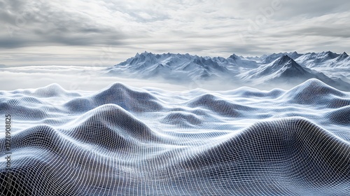 Digital landscape shows mountains above a mesh covered land