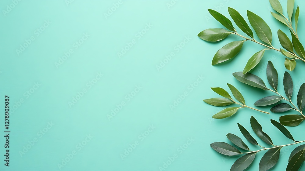 Green leaves arranged on a beautiful light turquoise background Green leaves arranged on a beautiful light turquoise background
