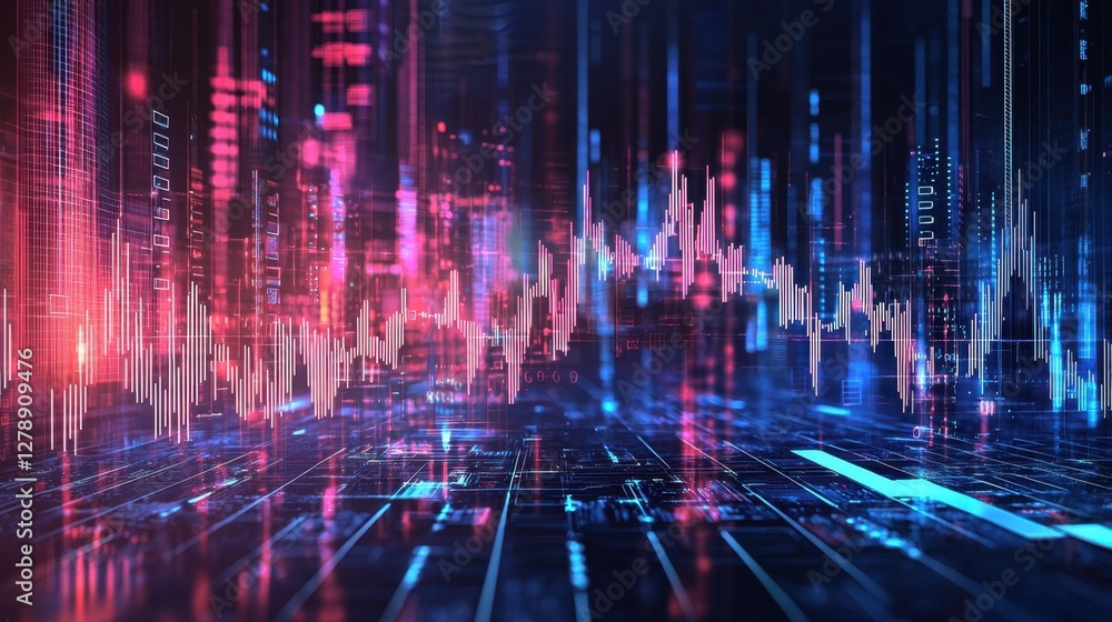 Obraz premium A broken profit forecast graph highlighted with neon cyber strokes on a futuristic business banner.