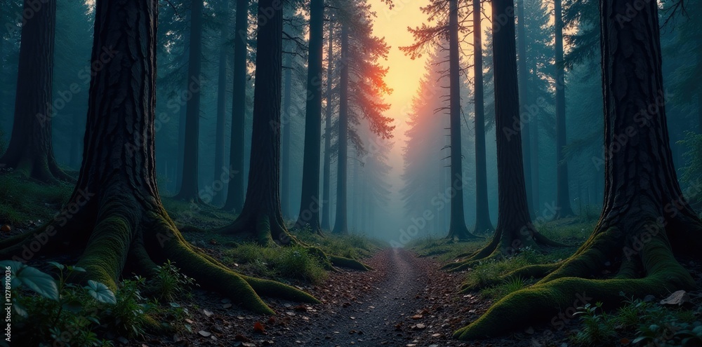 Fototapeta premium Towering dead trees surround a dimly lit forest floor, fallen wood, nature