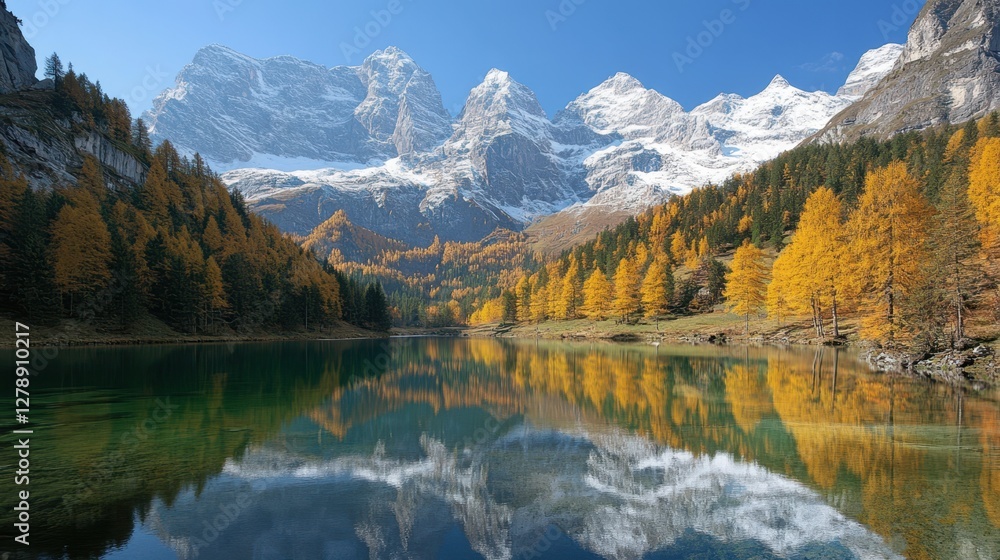 Fototapeta premium Stunning mountain peaks mirror in a serene lake, creating a captivating natural landscape that showcases the beauty of the outdoors.