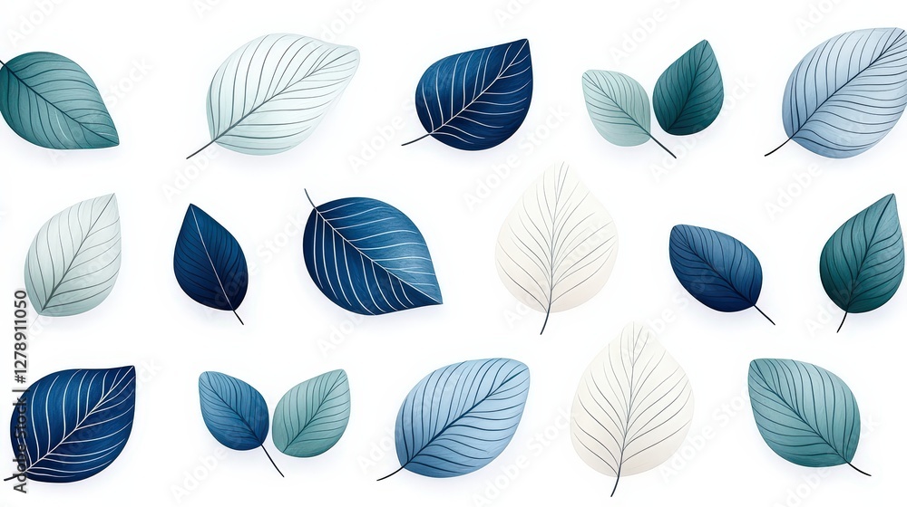 Diverse Botanical Palette of Leaf Designs in Shades of Blue and Green for Artistic Backgrounds Diverse Botanical Palette of Leaf Designs in Shades of Blue and Green for Artistic Backgrounds