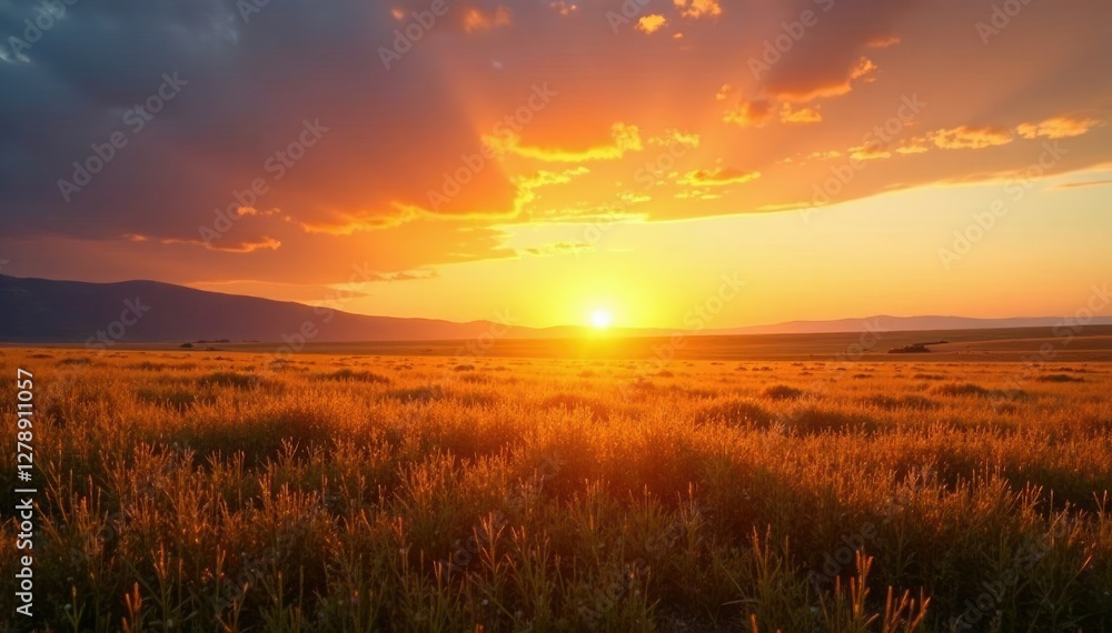 Warm golden sun rises over a vast open landscape, peaceful, scenery, calm Warm golden sun rises over a vast open landscape, peaceful, scenery, calm