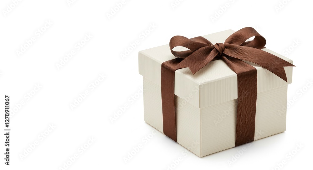 Elegant Gift Box with Brown Ribbon on White Background for Celebrations Elegant Gift Box with Brown Ribbon on White Background for Celebrations
