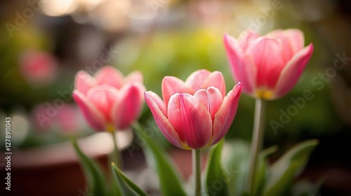 Springtime garden showcasing delicate pink tulip buds.