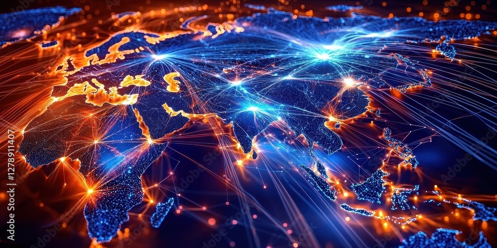 Obraz premium Blue abstract representation of Asia featuring intricate lines and dots.