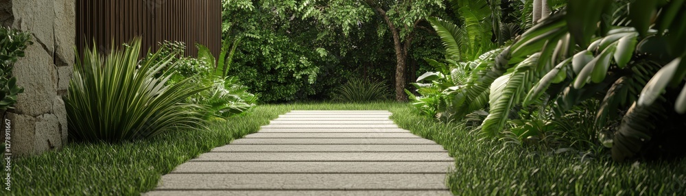 Tranquil Pathway Through Lush Greenery in Modern Garden Setting for Relaxation and Outdoor Retreats Tranquil Pathway Through Lush Greenery in Modern Garden Setting for Relaxation and Outdoor Retreats