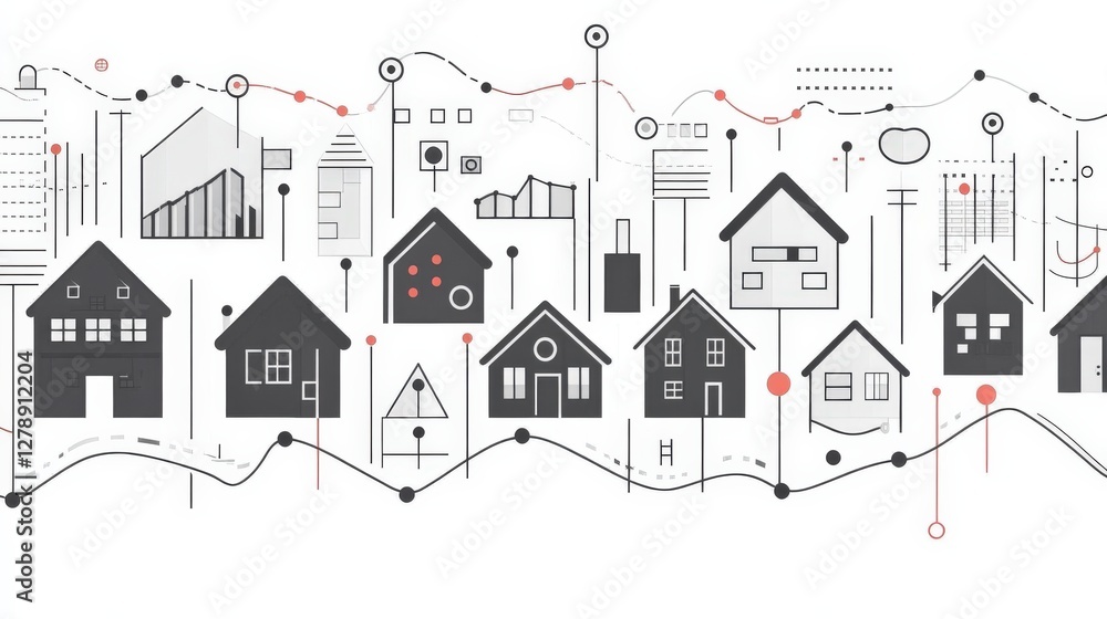 Naklejka premium Abstract illustration of diverse houses and buildings with geometric elements and data lines
