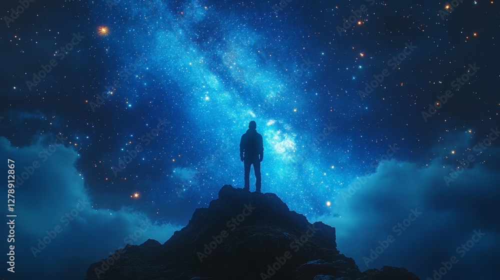 Solitary figure on mountain peak gazing at vibrant night sky filled with stars and nebula. Solitary figure on mountain peak gazing at vibrant night sky filled with stars and nebula.